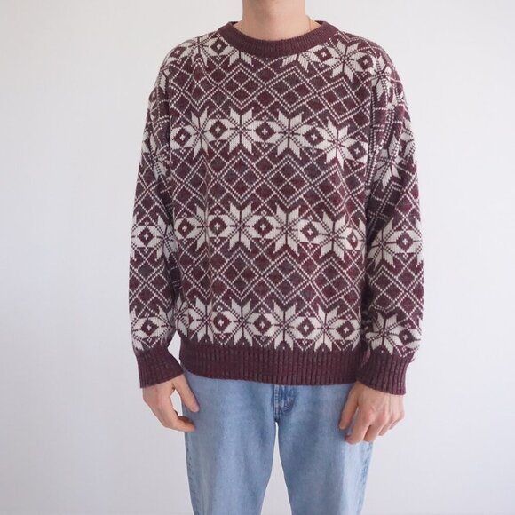 Vintage '90s Impulse Maroon White Snowflake Argyle Knit Crewneck Sweater Large - Picture 1 of 9